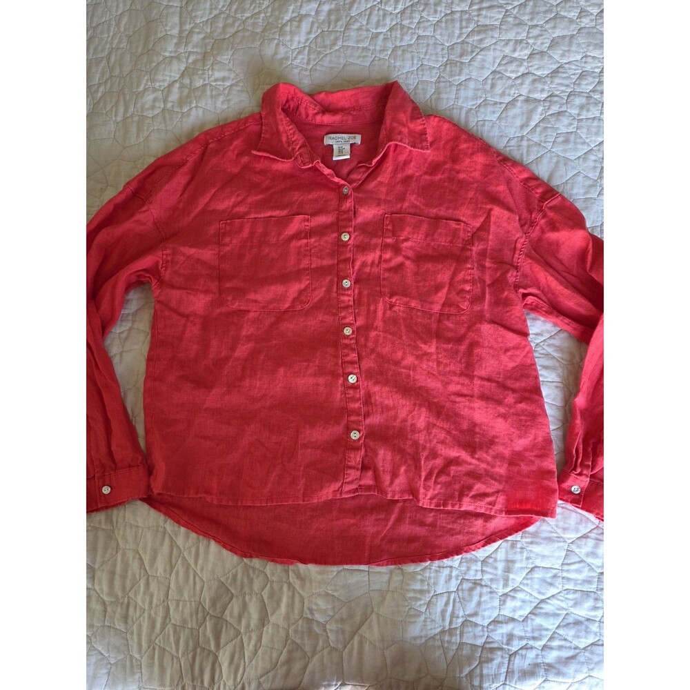 Linen Rachel Zoe Button front Chest Pockets Red Shirt Sz M 100% Linen